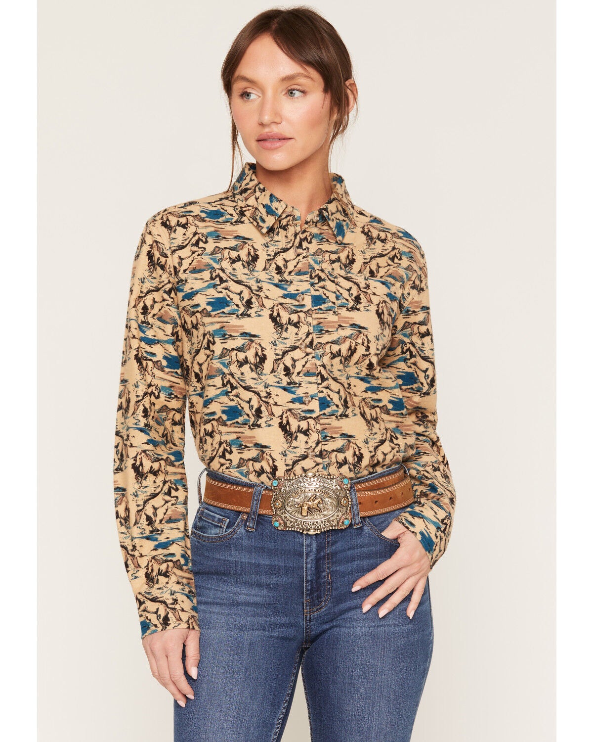Shyanne Women's Cutler Horse Print Long Sleeve Relaxed Flannel Shirt, Beige, hi-res