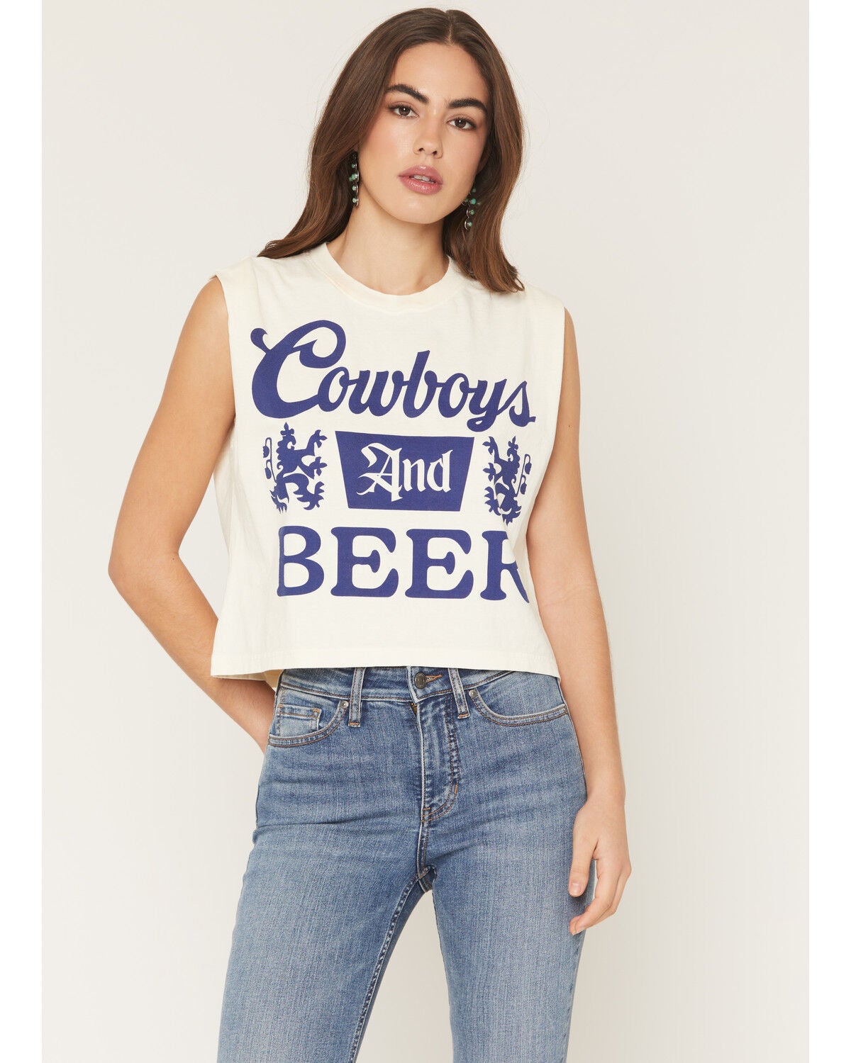 Image #1 - Country Deep Women's Cowboys And Beer Graphic Muscle Tank, Cream, hi-res