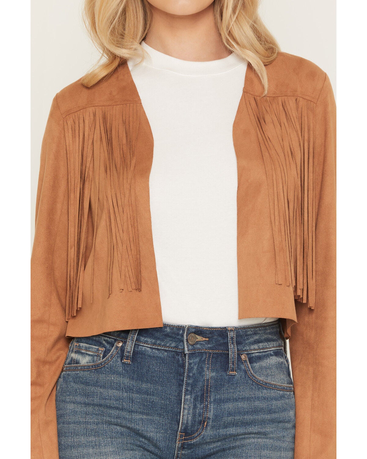 Image #3 - Shyanne Women's Deleon Faux Suede Cropped Fringe Jacket, Tan, hi-res