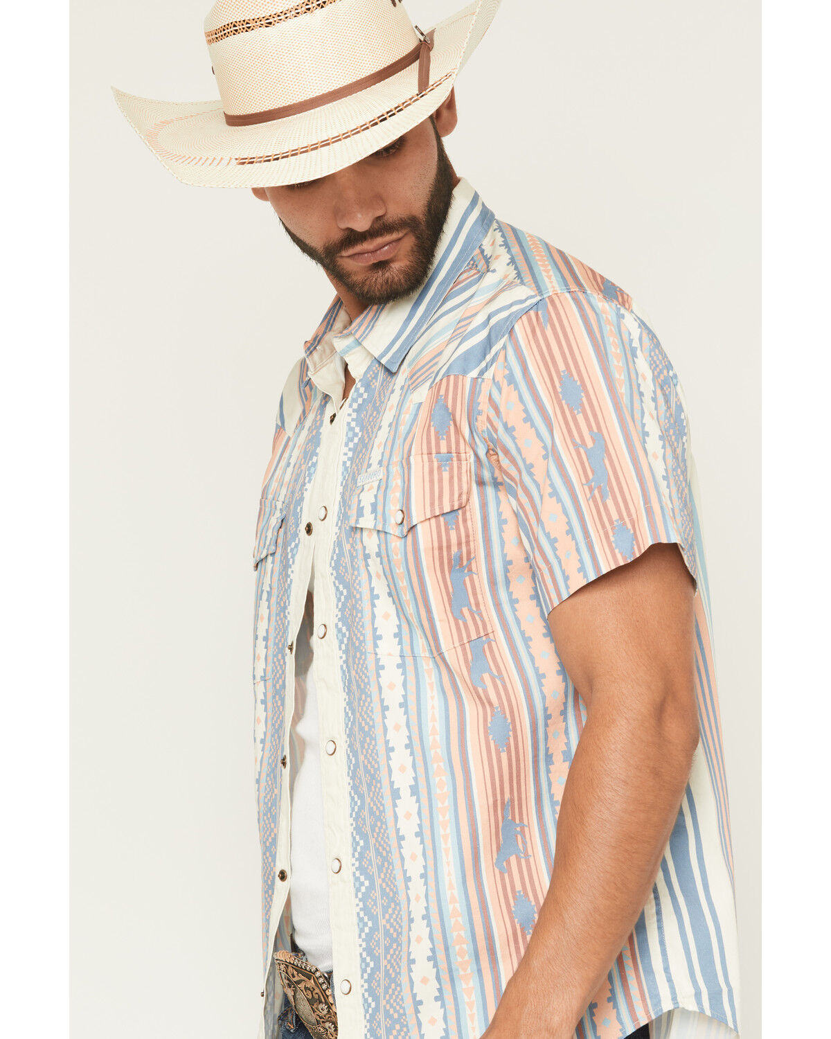 Image #2 - Sendero Provisions Men's Wyatt Serape Striped Short Sleeve Snap Western Shirt, Indigo, hi-res