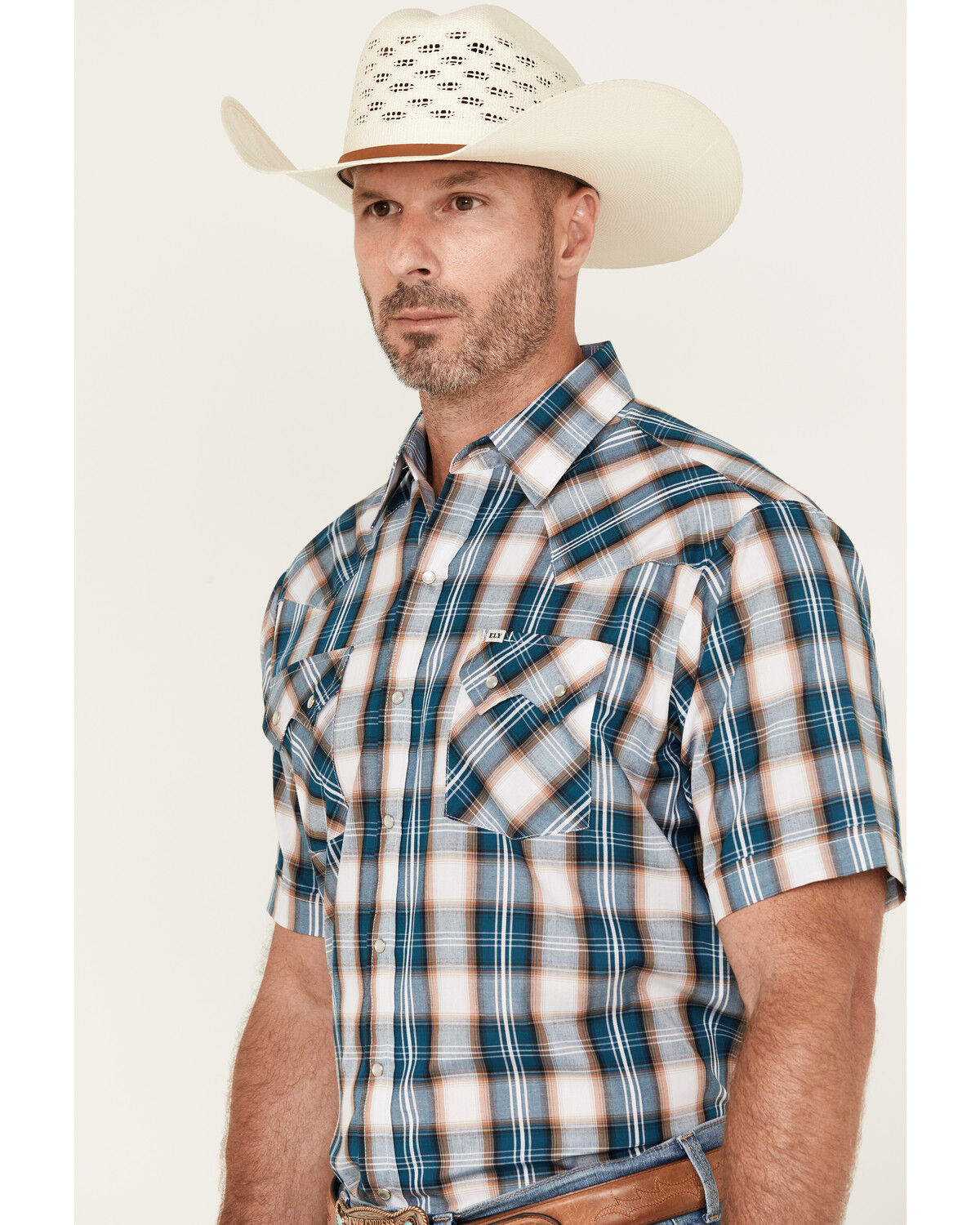 Image #2 - Ely Walker Men's Plaid Print Short Sleeve Snap Stretch Western Shirt - Tall, Teal, hi-res