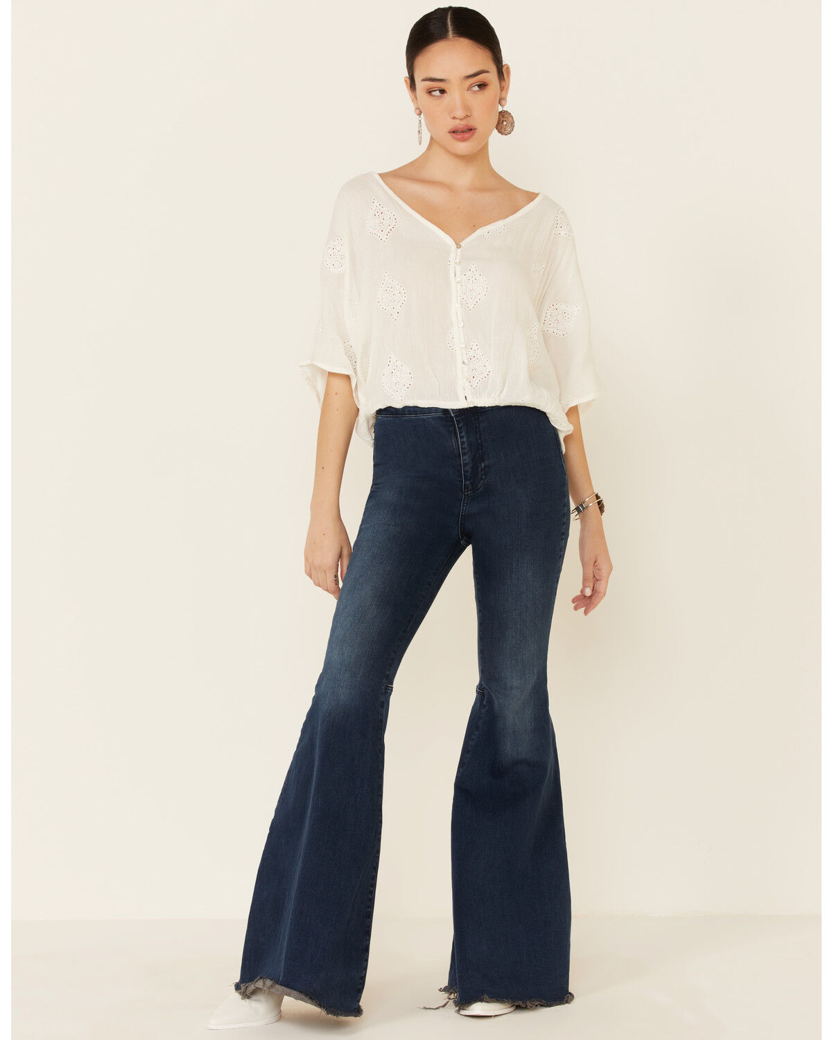 Image #2 - Angie Women's Embroidered Button-Down Long Sleeve Flowy Top, White, hi-res