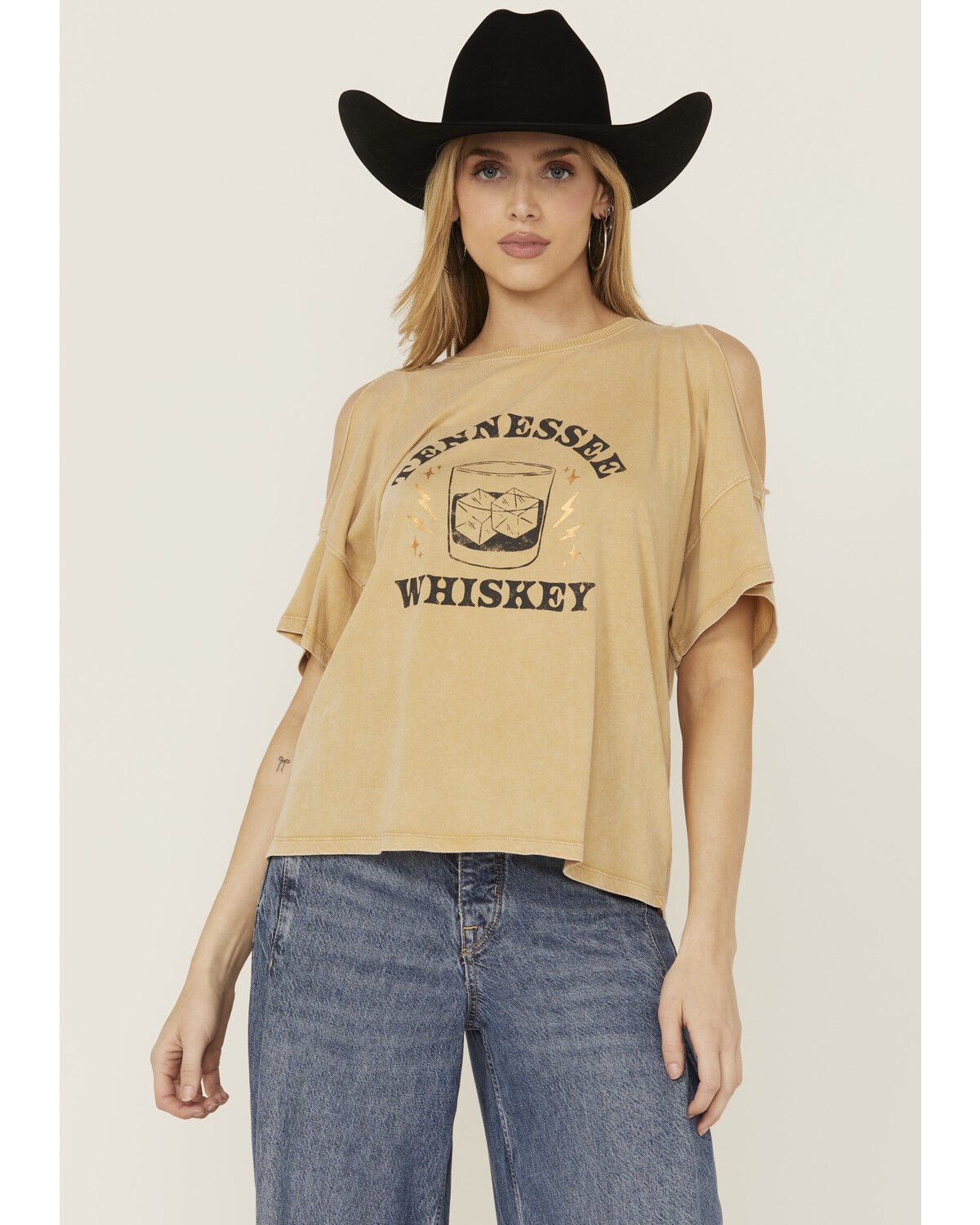 Image #1 - White Crow Women's Tennessee Whiskey Cold Shoulder Short Sleeve Graphic Tee, Mustard, hi-res