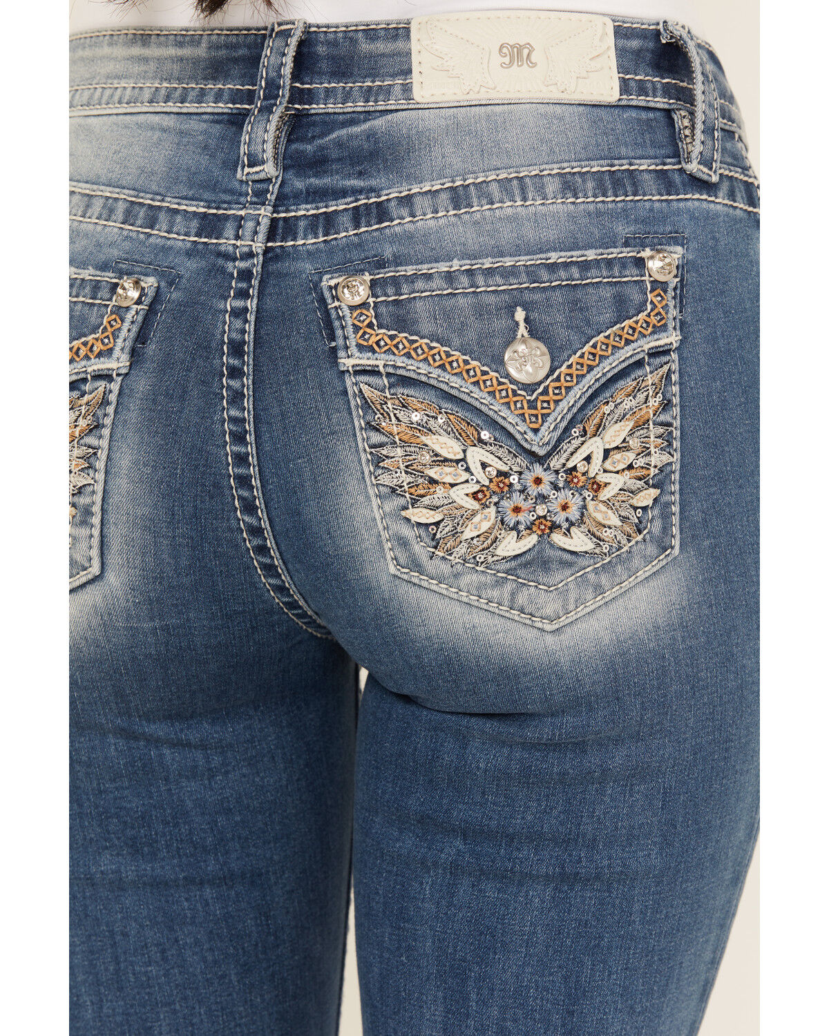 Image #2 - Miss Me Women's Medium Wash Mid Rise Wing Pocket Bootcut Stretch Denim Jeans, Medium Wash, hi-res