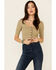 Miss Me Women's Pointelle Ribbed Button-Down 3/4 Sleeve Crop Top , Sage, hi-res
