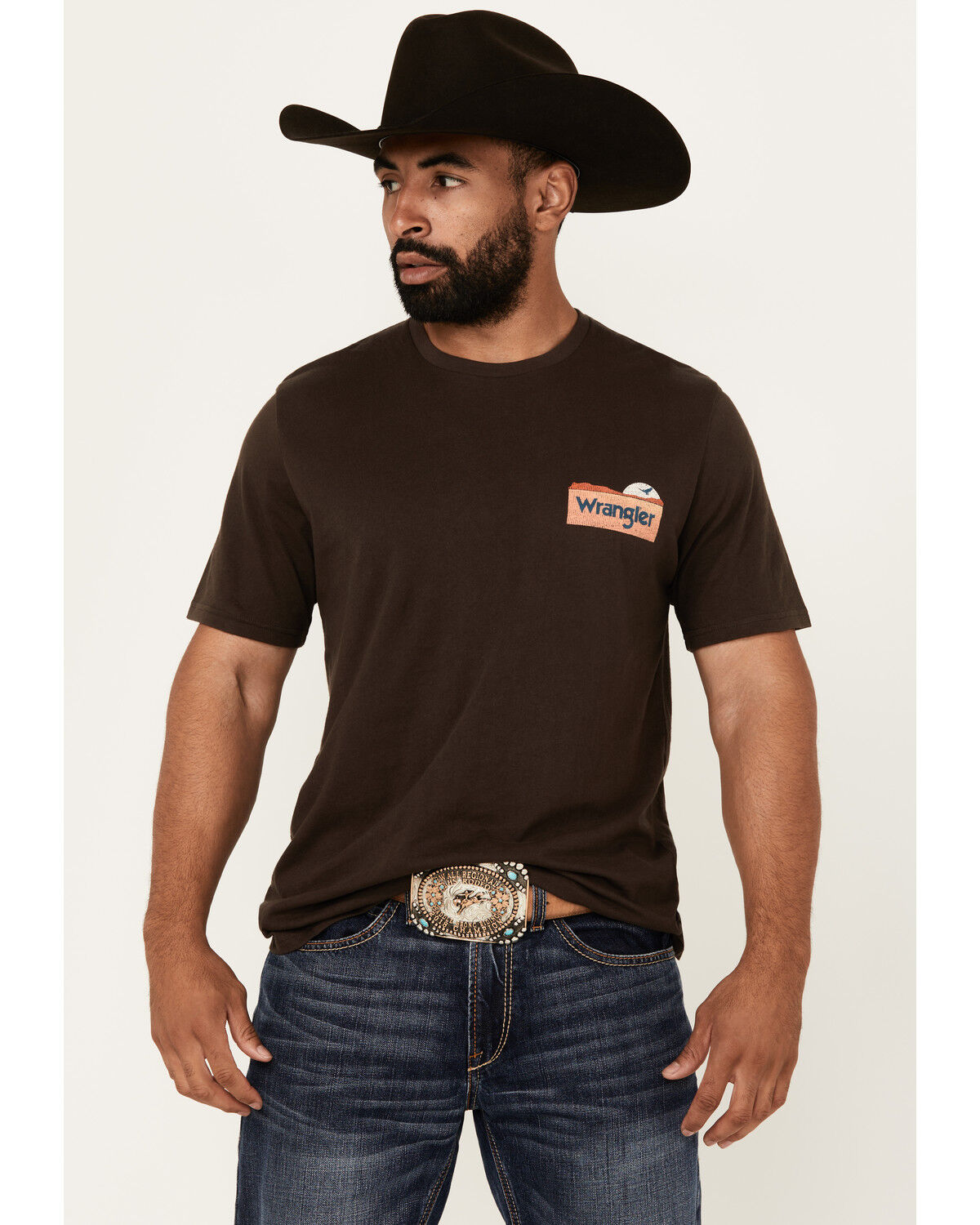 Image #2 - Wrangler Men's Boot Barn Exclusive Desert Scene Short Sleeve Graphic T-Shirt, Chocolate, hi-res