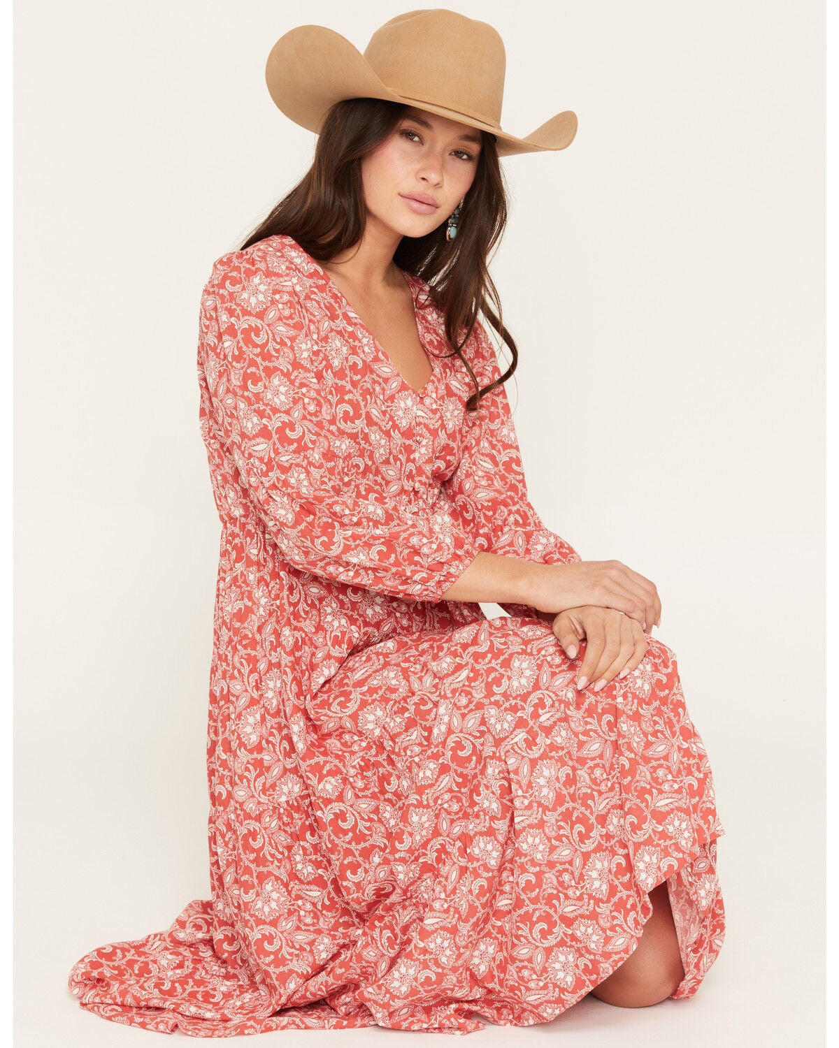 Panhandle Slim Women's Floral Paisley Print Long Sleeve Midi Dress, Red, hi-res