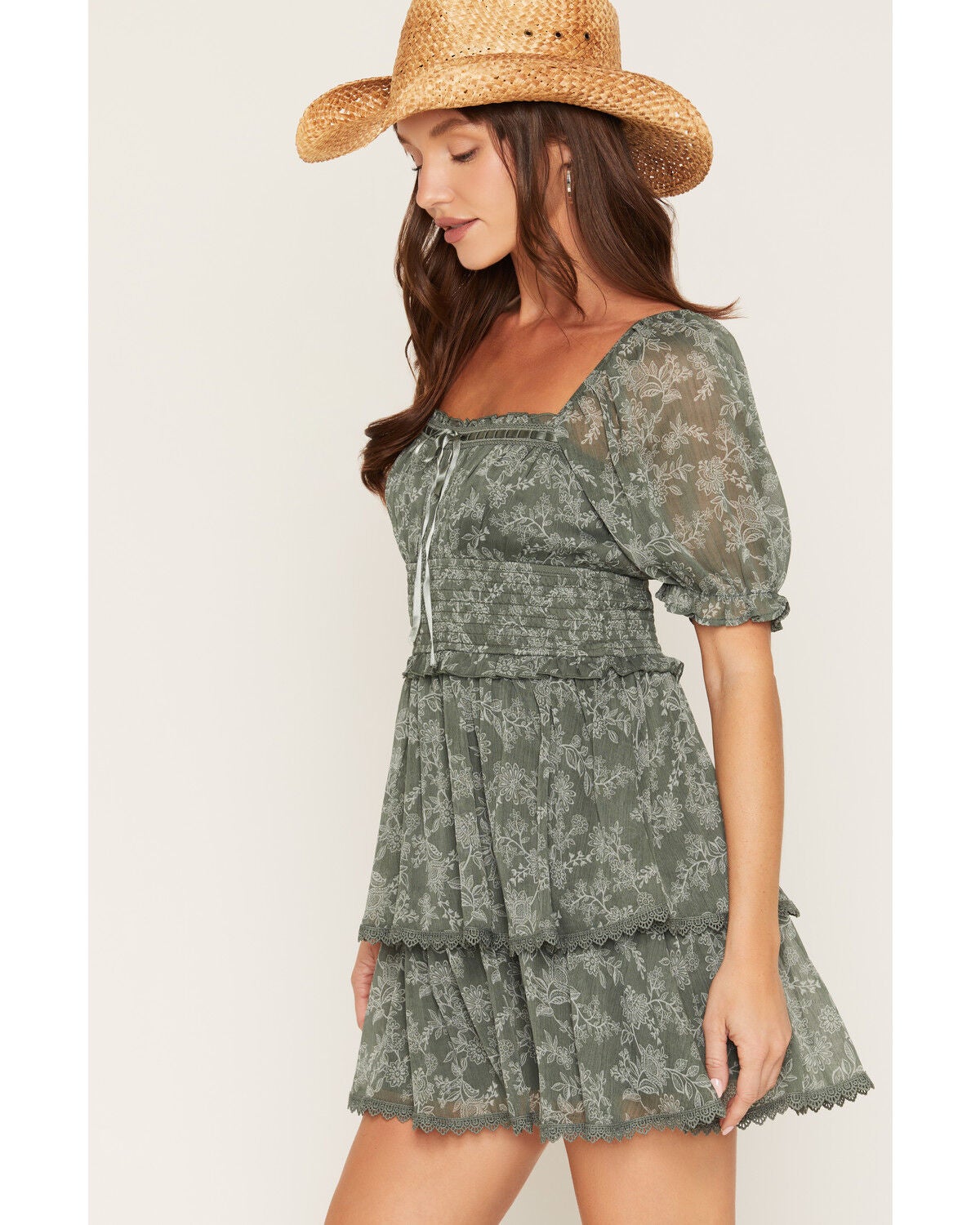 Image #2 - Trixxi Women's Floral Print Smocked Waist Tiered Mini Dress, Green, hi-res