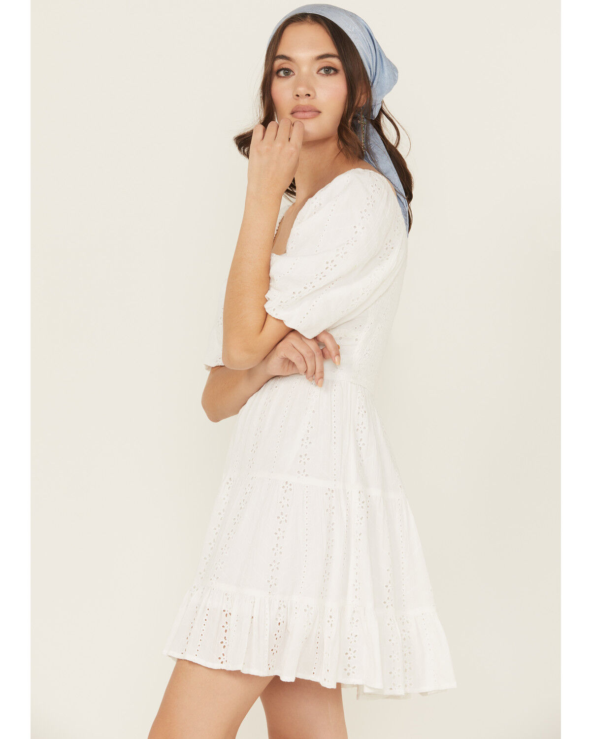 Image #4 - Angie Women's Eyelet Short Puff Sleeve Mini Dress, White, hi-res