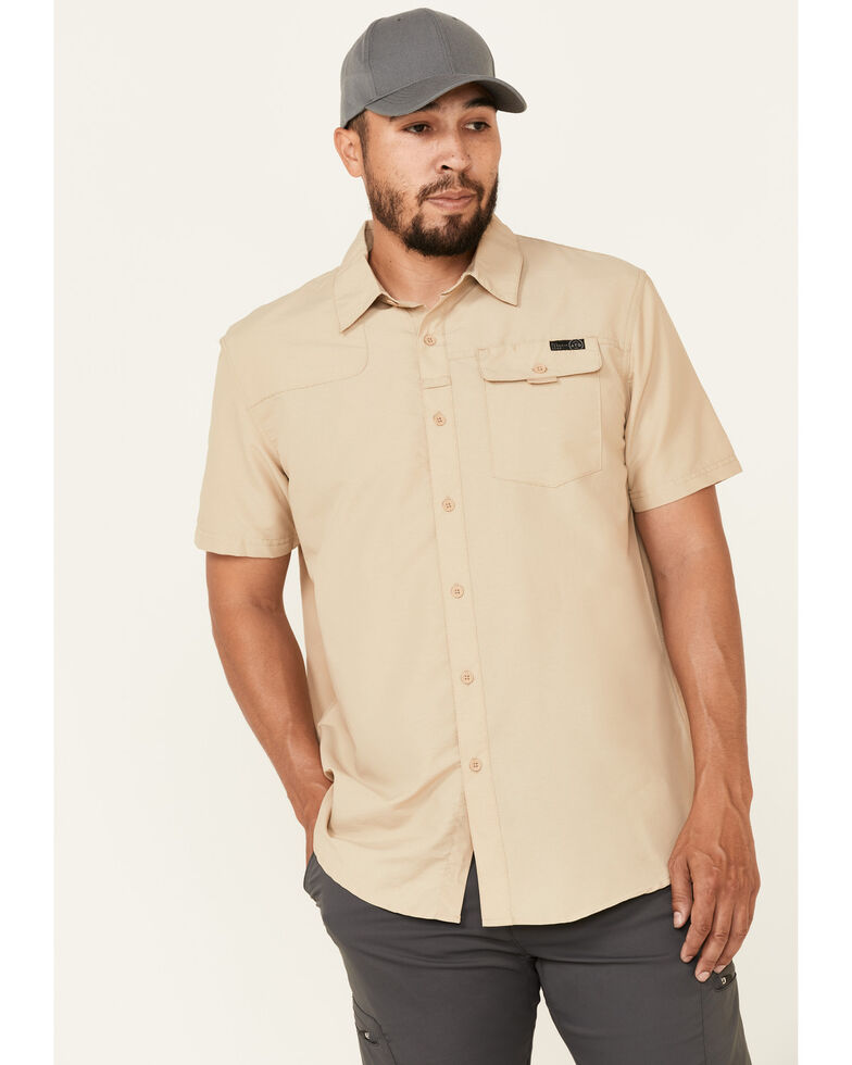 Wrangler ATG Men's All-Terrain Solid Tan Shooter Short Sleeve Button-Down Western Shirt , Tan, hi-res