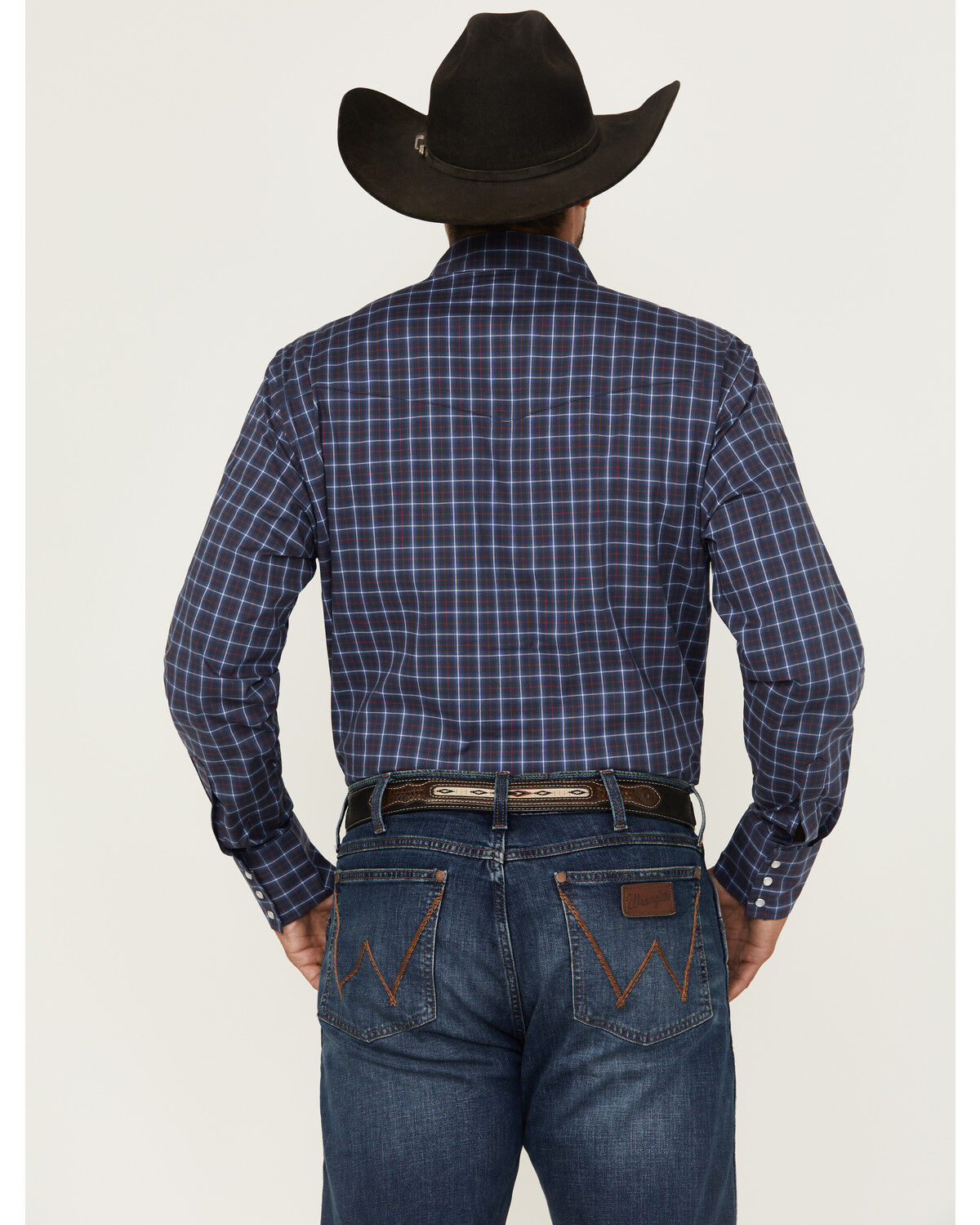 Image #4 - Wrangler Men's Wrinkle Resistant Windowpane Plaid Print Long Sleeve Pearl Snap Stretch Western Shirt, Blue, hi-res