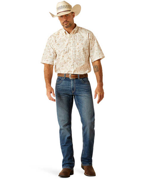 Ariat Men's Edison Cowboy Ranch Print Short Sleeve Button-Down Western Shirt - Big, Tan, hi-res