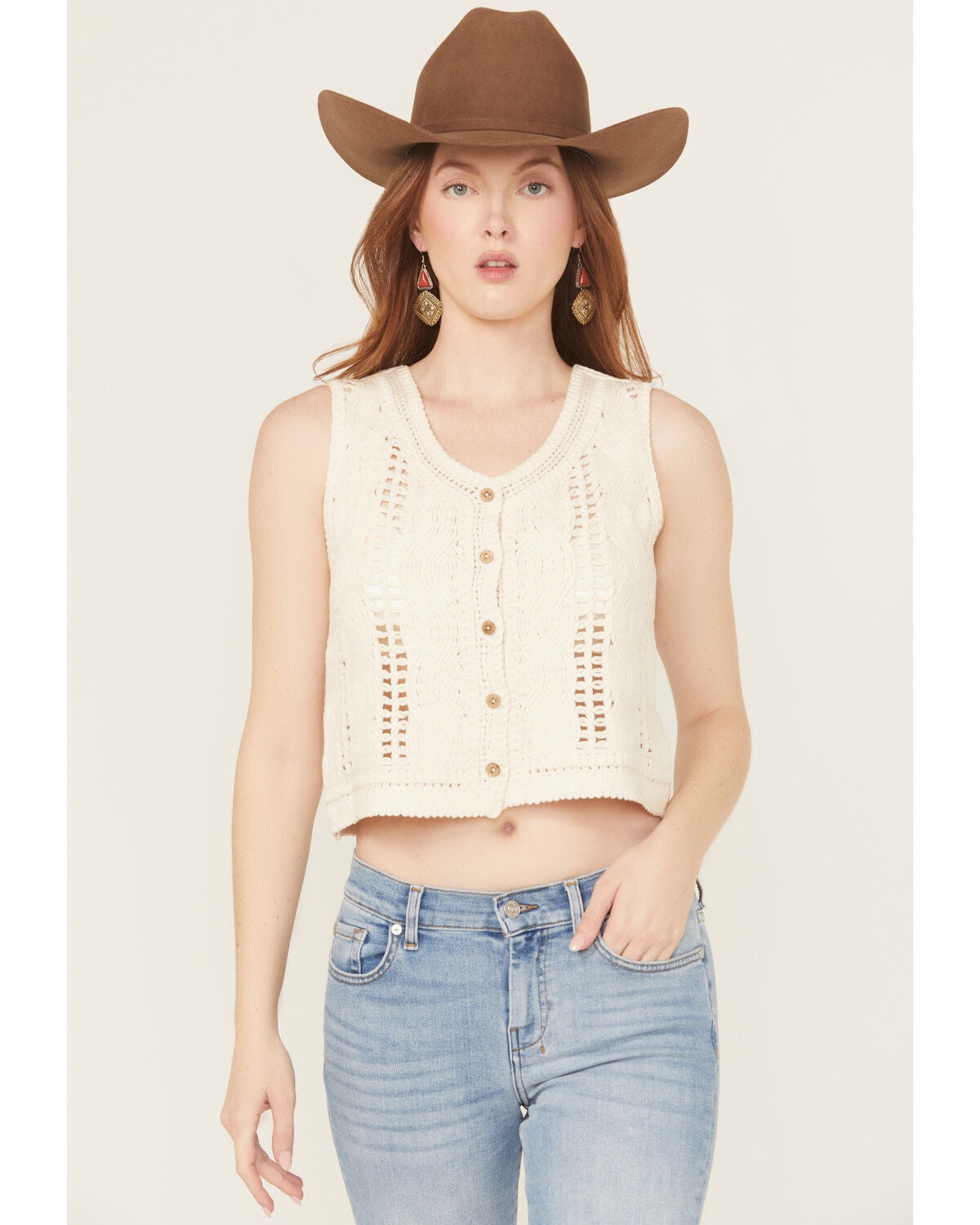By Together Women's Rory Crochet Button-Down Vest, Ivory, hi-res