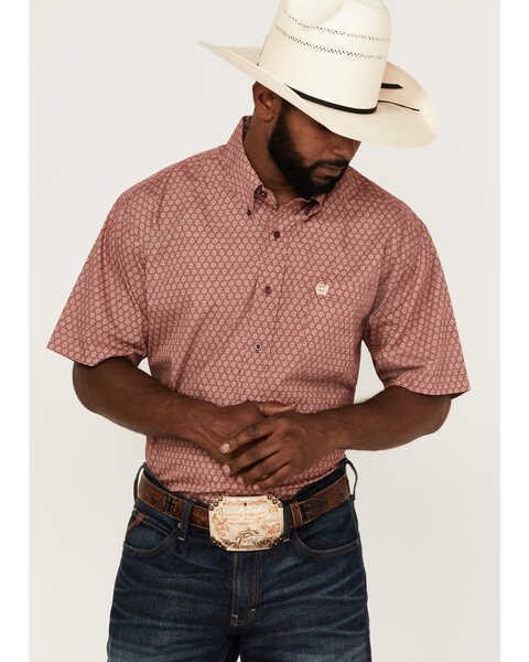 Cinch Men's Star Burgundy Geo Print Short Sleeve Button Down Western Shirt , Burgundy, hi-res