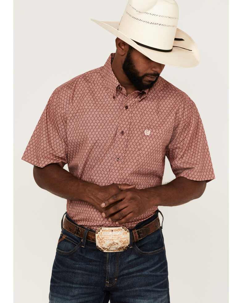 Cinch Men's Star Burgundy Geo Print Short Sleeve Button-Down Western Shirt , Burgundy, hi-res