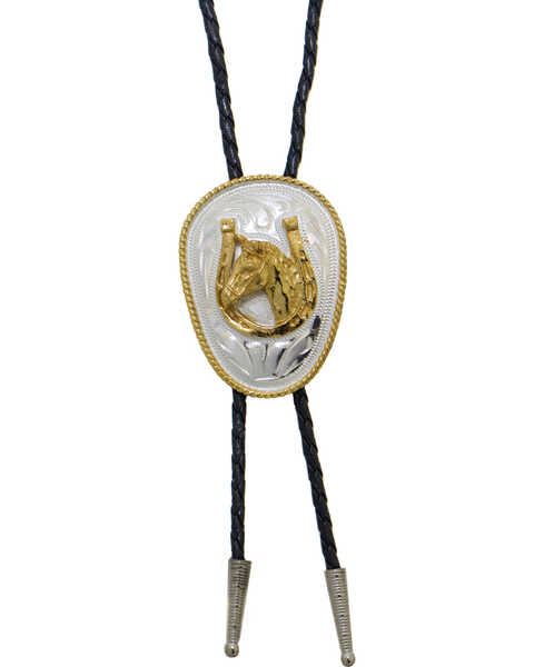Western Express Men's German Silver Horsehead And Horseshoe Bolo Tie, Silver, hi-res