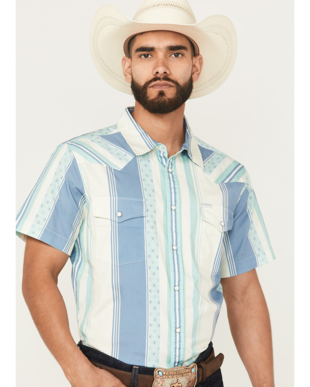 Image #2 - Sendero Provisions Men's Wyatt Serape Striped Print Short Sleeve Snap Western Shirt, Teal, hi-res