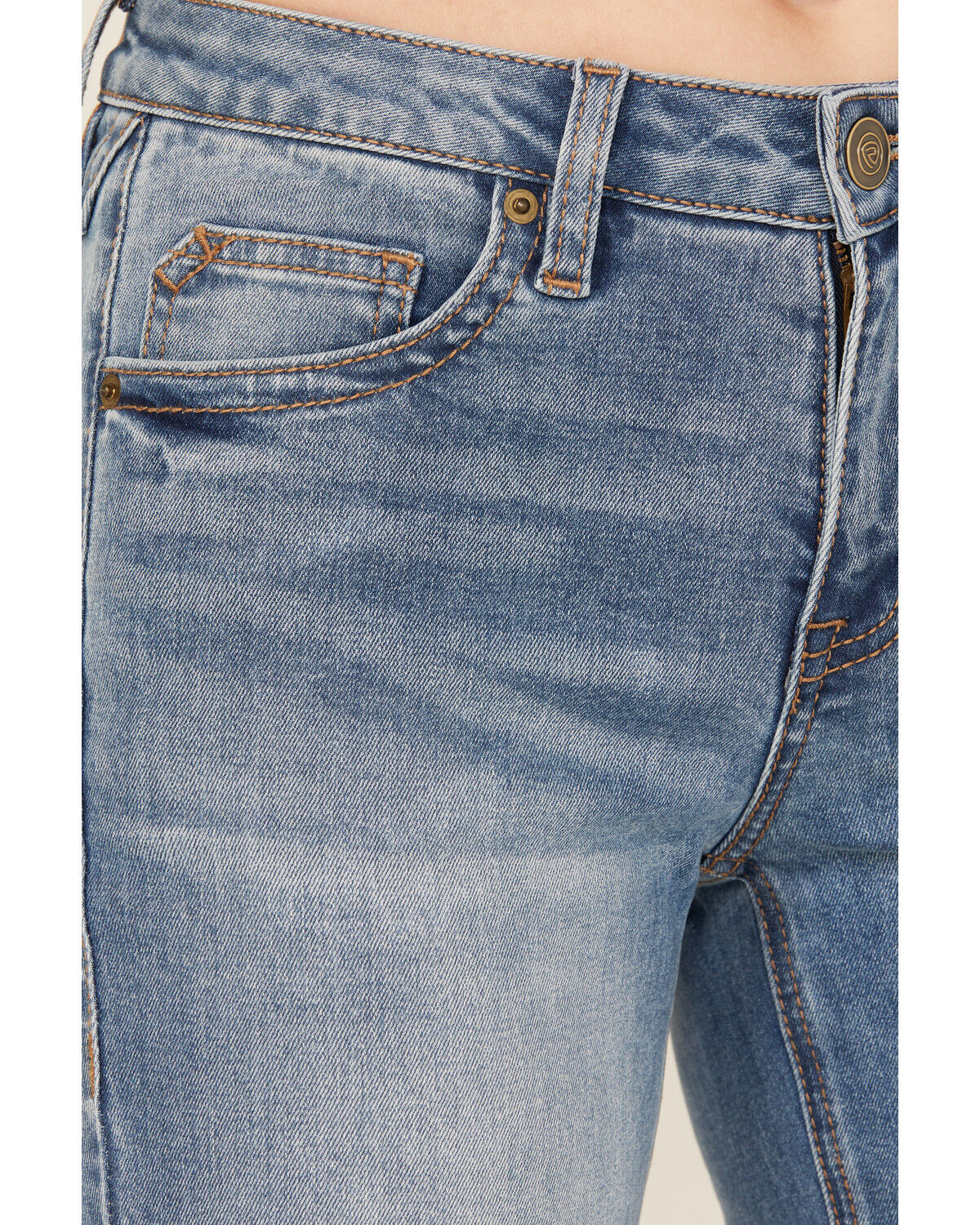 Image #2 - Rock & Roll Denim Women's Medium Wash Mid Rise Distressed Bootcut Stretch Denim Jeans, Medium Wash, hi-res
