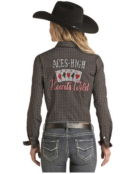 Image #2 - Panhandle Women's Card Geo Print Embroidered Long Sleeve Western Shirt - Plus , Black, hi-res