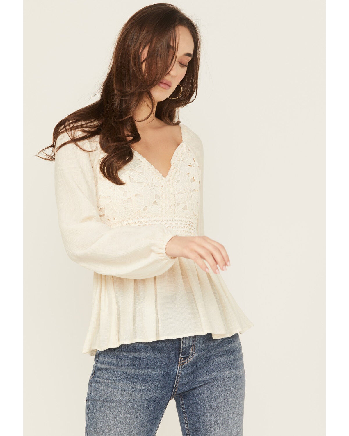 Shyanne Women's Crochet Lace Long Sleeve Crinkle Top, Cream, hi-res