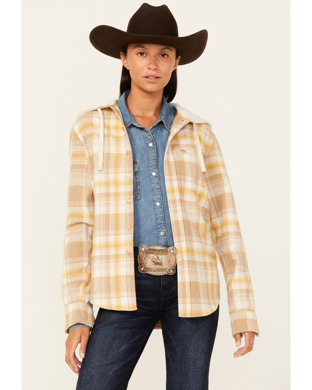 Image #1 - Kimes Ranch Delano Plaid Print Hooded Flannel Jacket, Mustard, hi-res