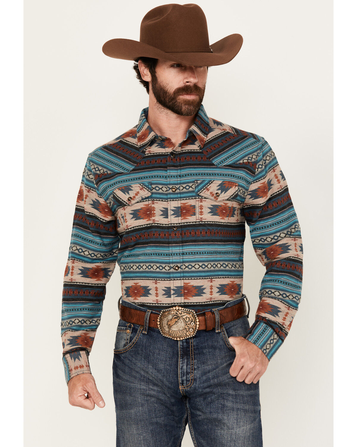 Image #1 - Cody James Men's Bandera Southwestern Striped Long Sleeve Snap Western Shirt, Blue, hi-res