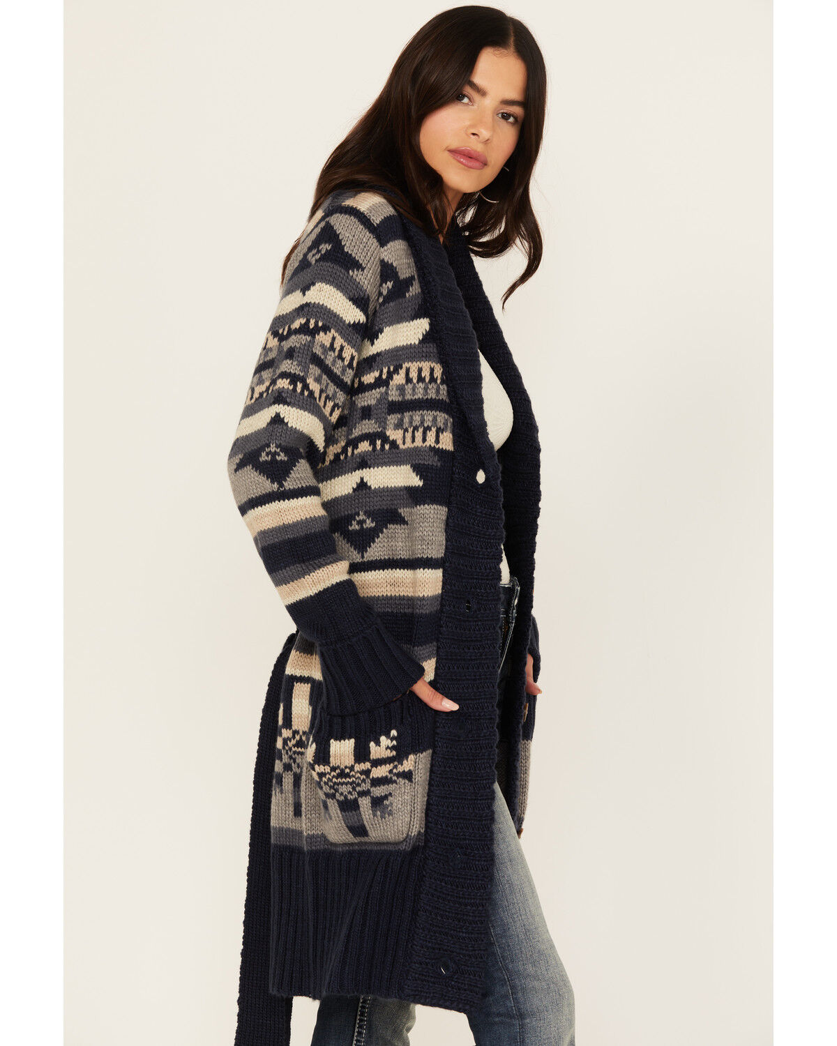 Image #3 - Stetson Women's Southwestern Print Shawl Cardigan, Blue, hi-res
