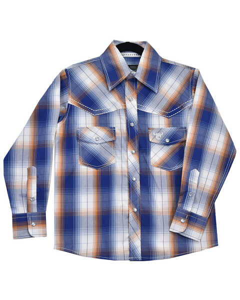 Cowboy Hardware Boys' Plaid Print Long Sleeve Pearl Snap Western Shirt, Blue, hi-res