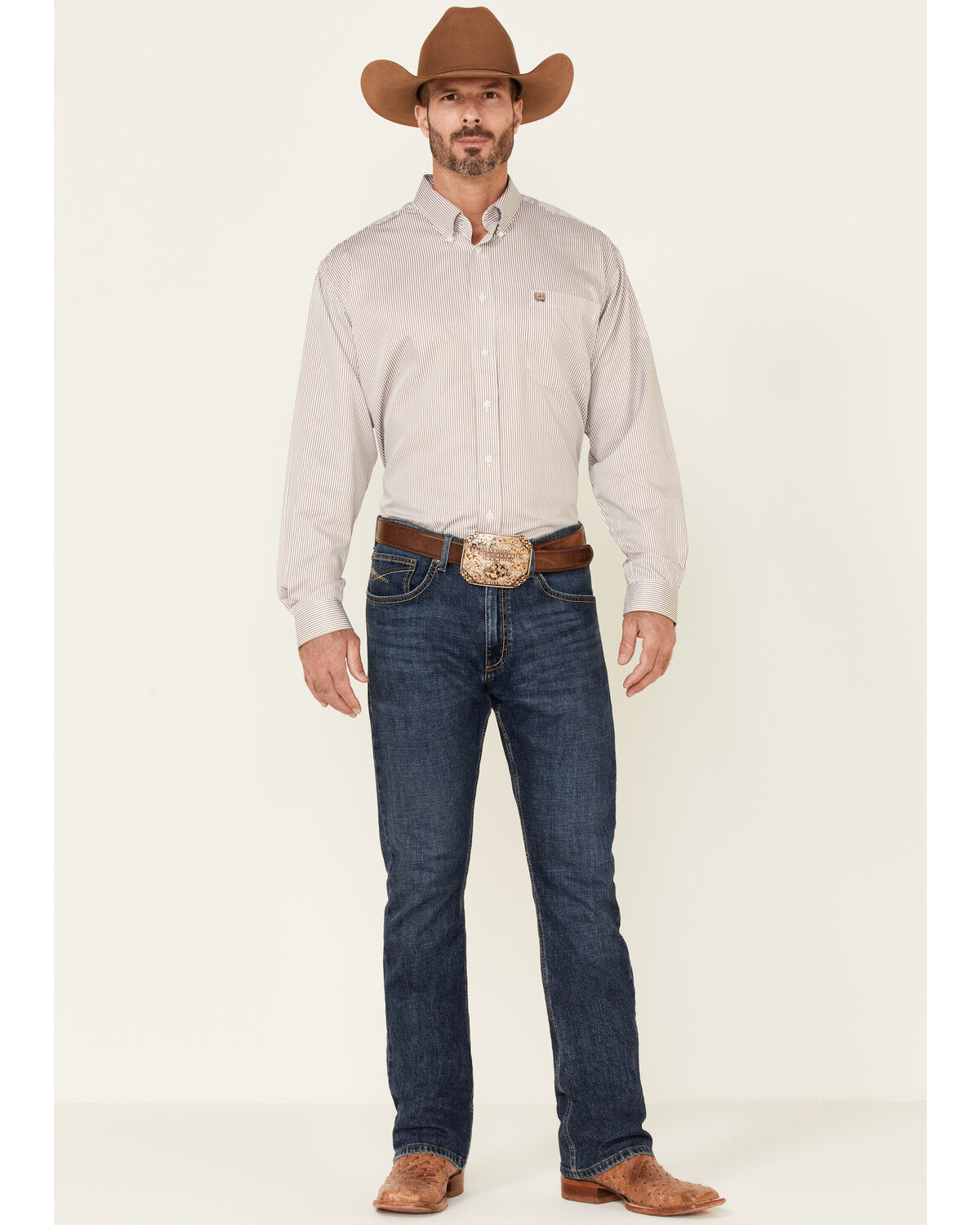 Image #2 - Cinch Men's Tencel Mini Stripe Long Sleeve Button-Down Western Shirt, Beige/khaki, hi-res