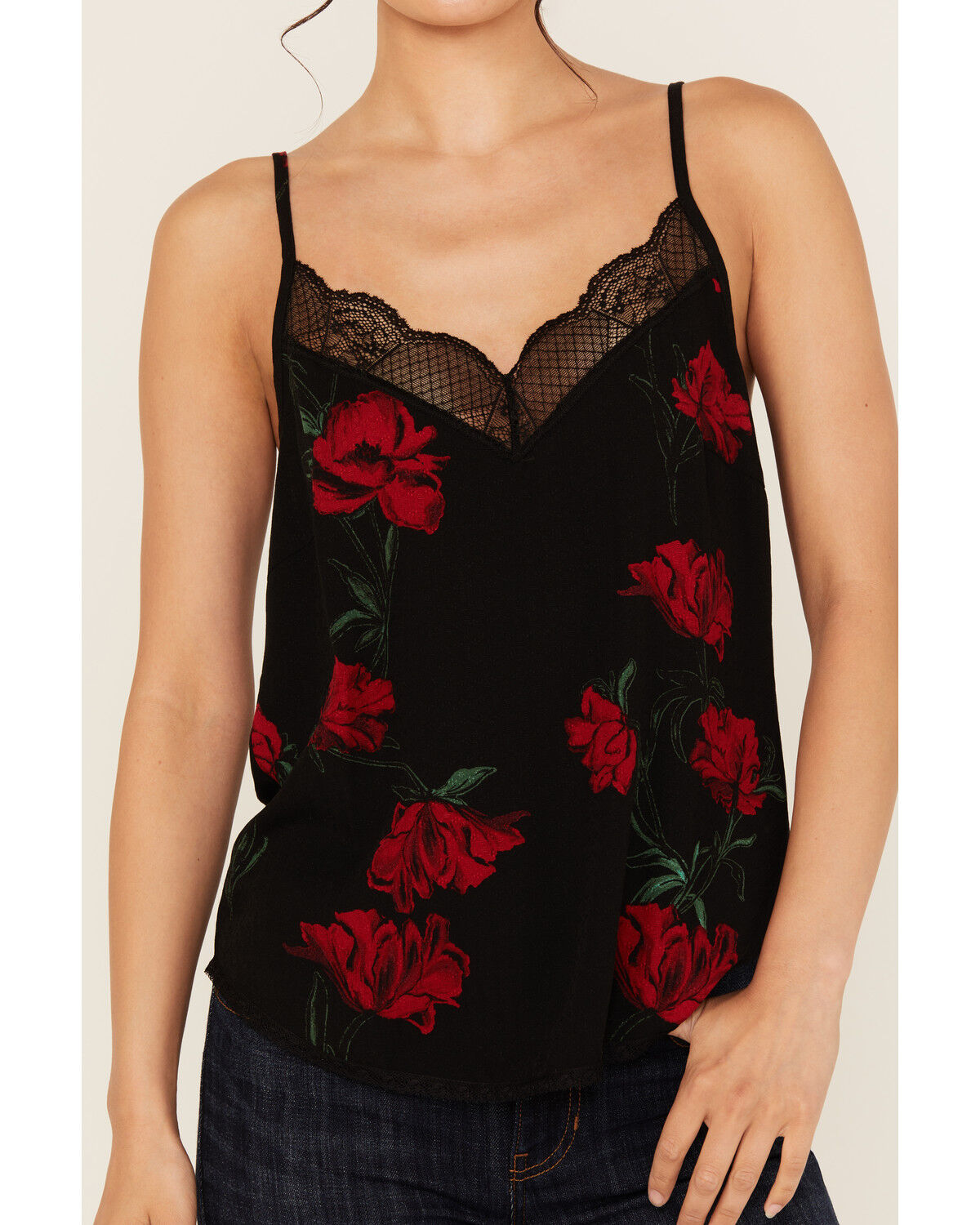 Image #3 - Idyllwind Women's Chase Floral Print Lace Trim Cami Tank, Black, hi-res