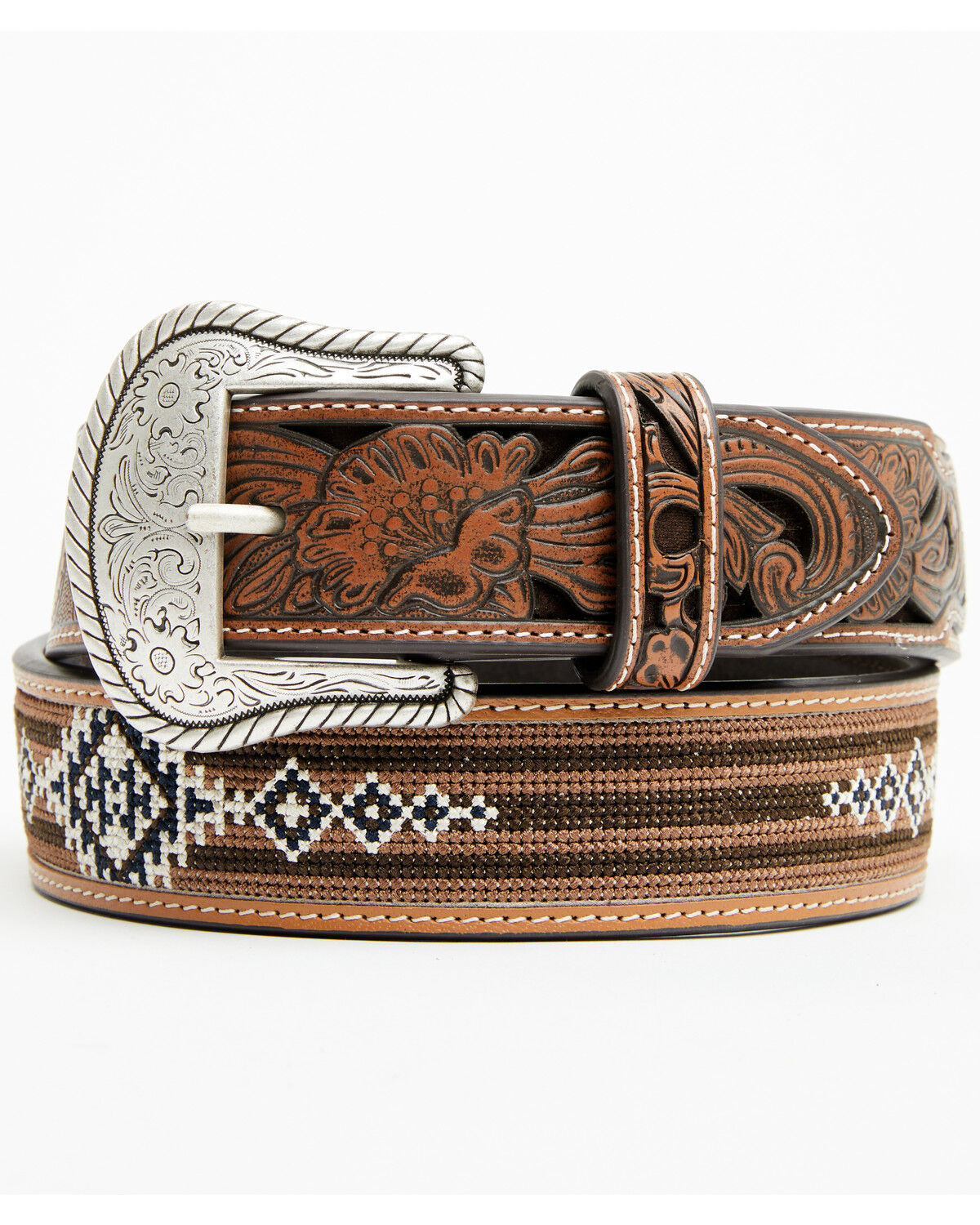 Image #1 - Cody James Men's Austin Southwestern Print Embroidered and Tooled Belt, Brown, hi-res