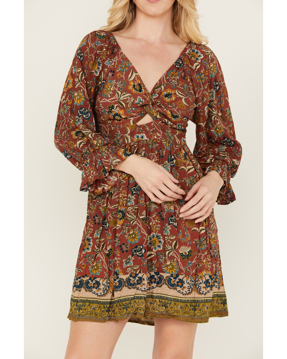 Image #3 - Angie Women's Floral Print Long Sleeve Mini Dress, Red, hi-res