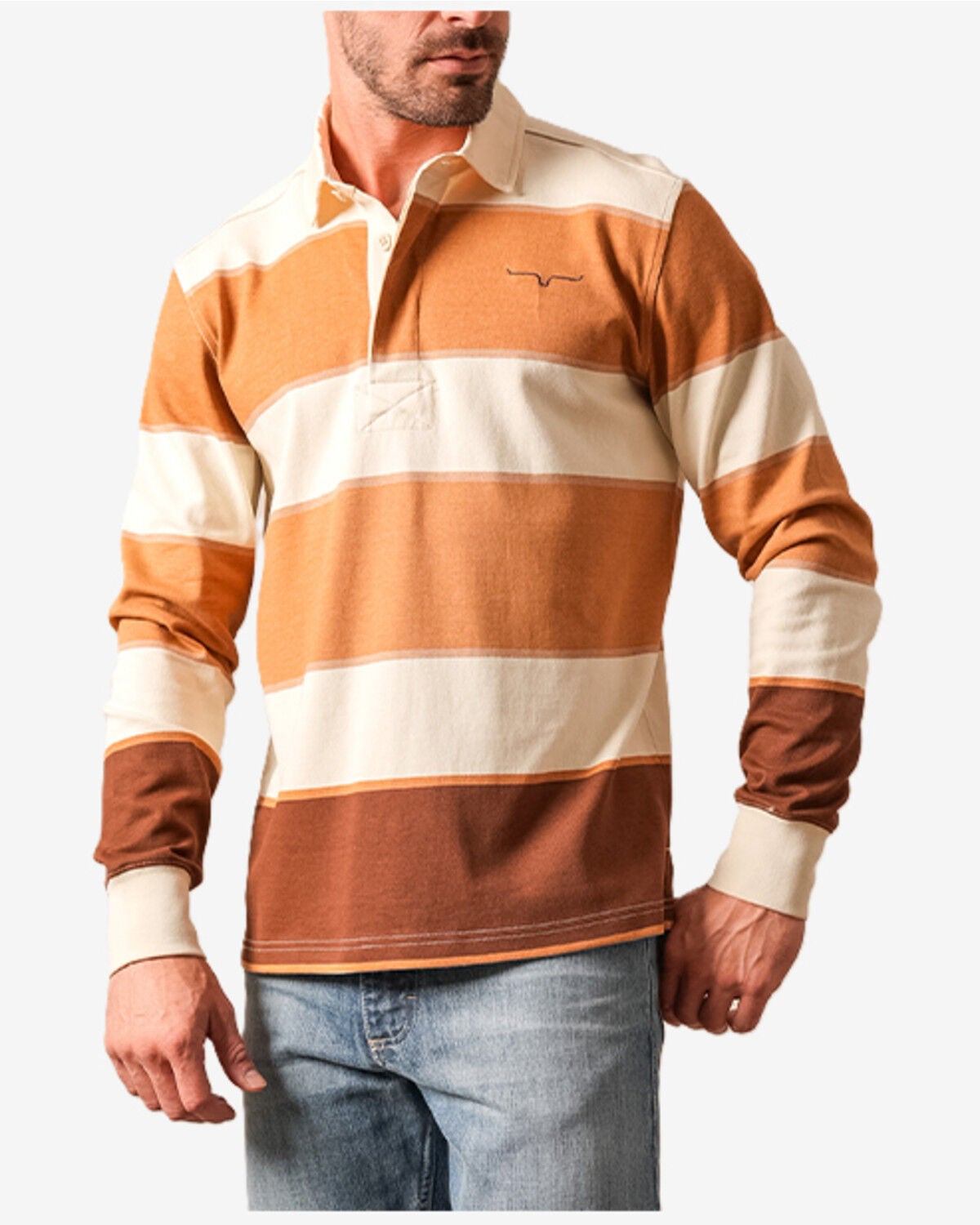 Kimes Ranch Men's York Striped Long Sleeve Button-Down Polo, Tan, hi-res