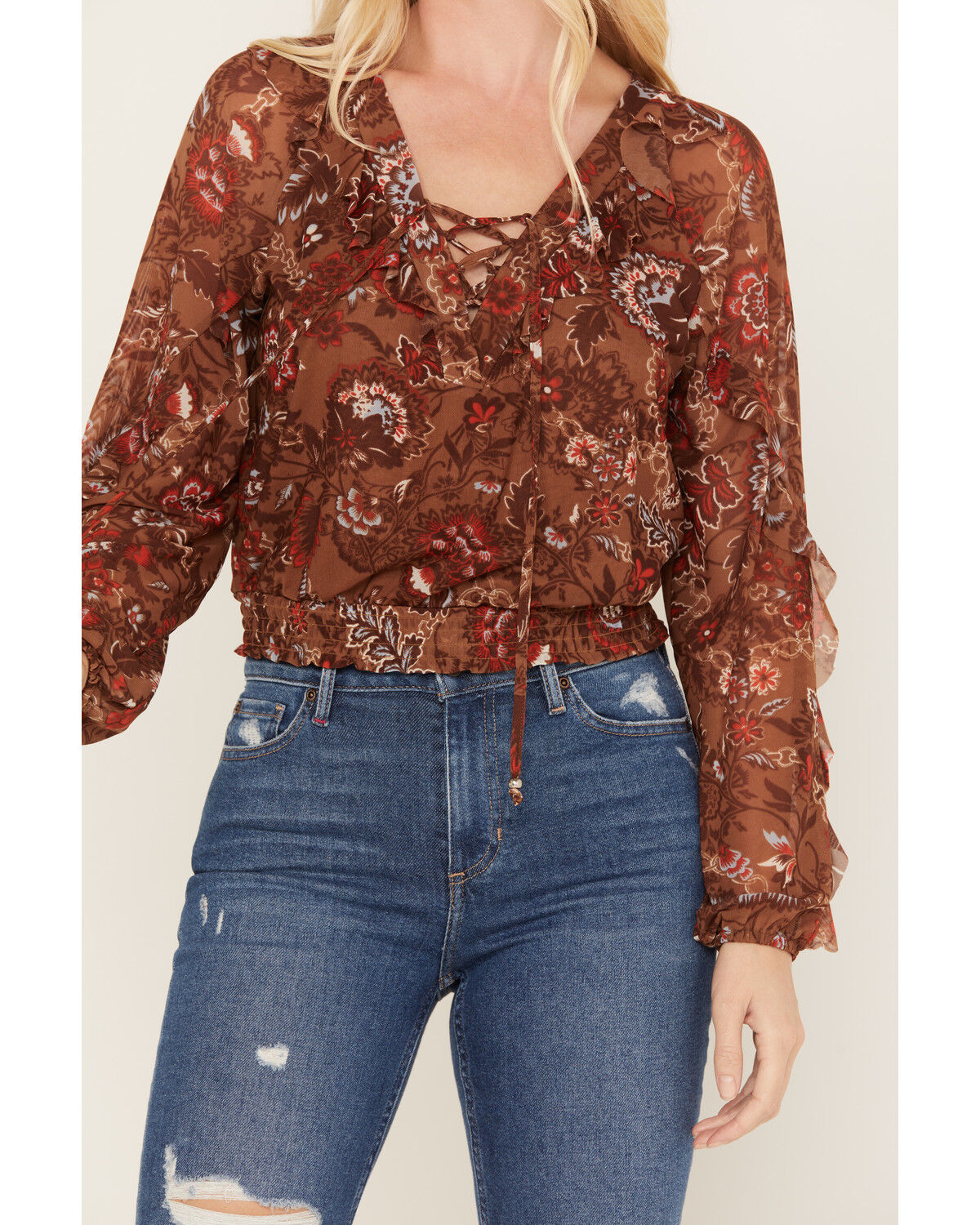 Image #3 - Idyllwind Women's McCoy Meshed Lace-Up Top, Brown, hi-res