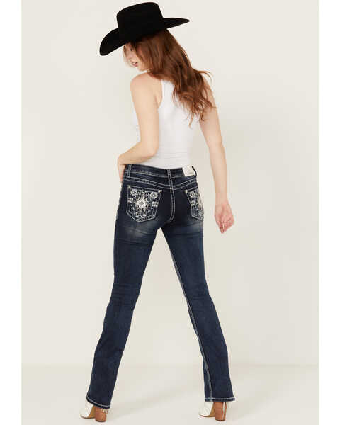 Grace In LA Women's Dark Wash Sequin Pocket Mid Rise Bootcut Stretch Denim Jeans , Dark Wash, hi-res