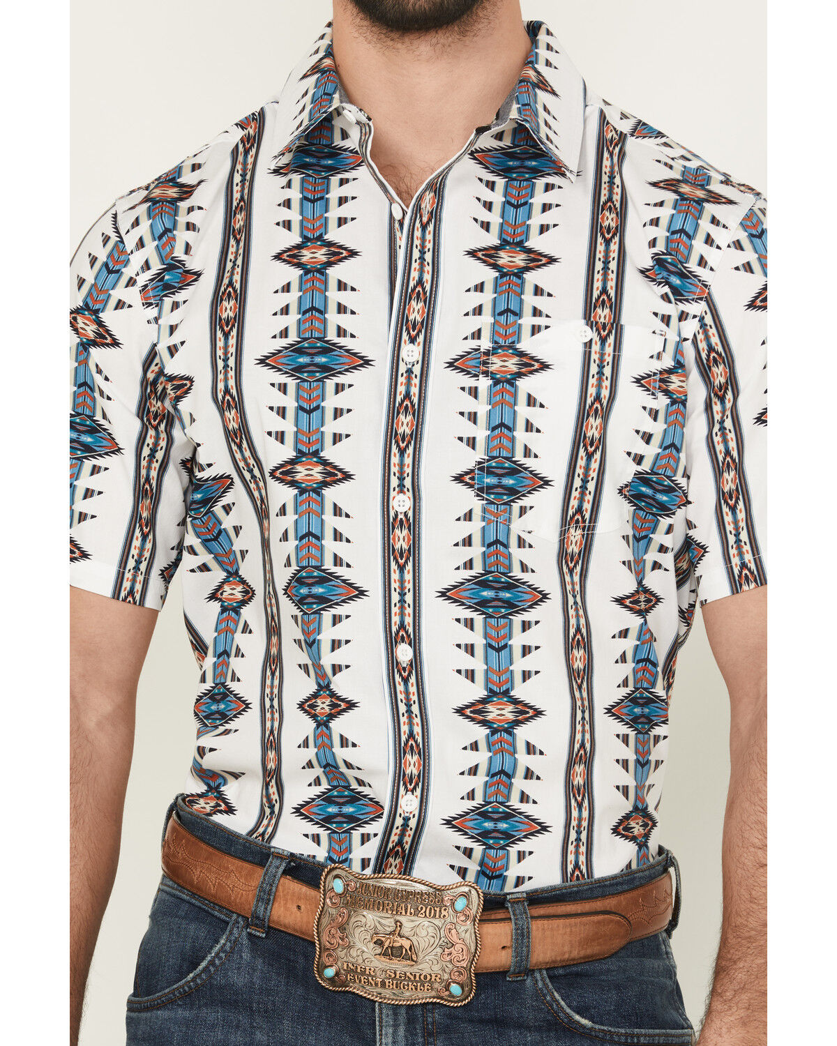 Image #3 - RANK 45® Men's Brody Southwestern Striped Short Sleeve Button-Down Stretch Western Shirt, White, hi-res