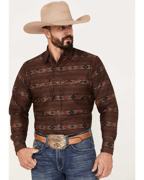 Ely Walker Men's Southwestern Print Long Sleeve Snap Western Shirt, Burgundy, hi-res