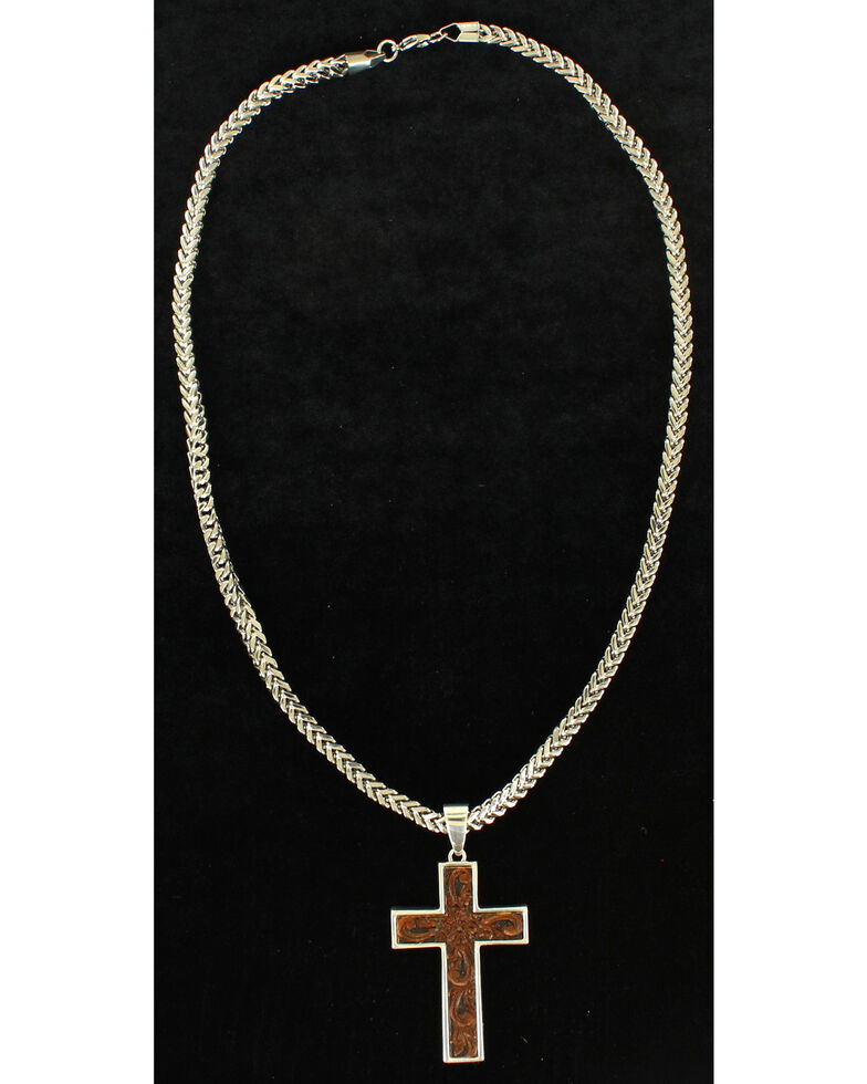 Twister Men's Leather Cross Necklace , Silver, hi-res