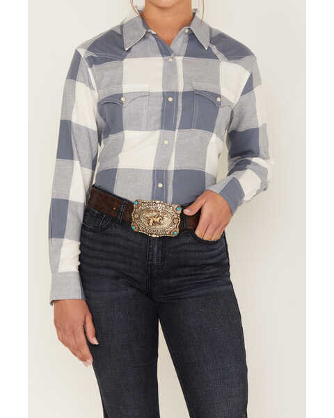 Image #3 - Wrangler Women's Buffalo Check Print Long Sleeve Western Flannel Snap Shirt, Blue/white, hi-res
