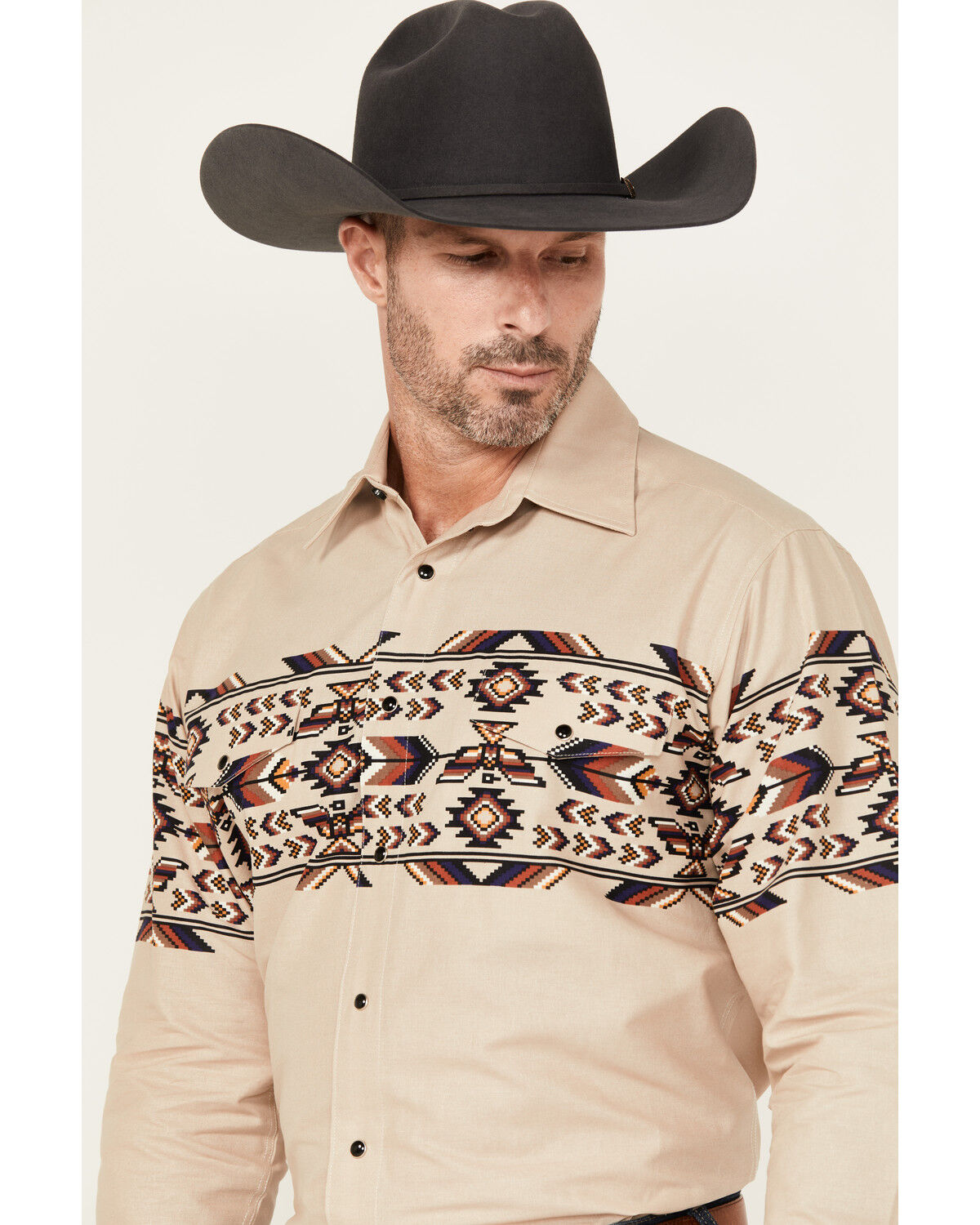 Image #2 - Panhandle Men's Thunderbird Border Print Long Sleeve Snap Western Shirt, Tan, hi-res