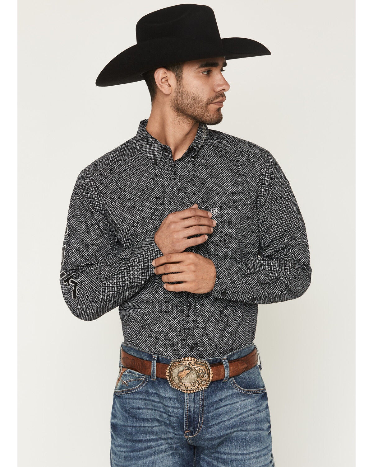 Ariat Men's Team Dariel Medallion Print Long Sleeve Button-Down Western Shirt, Black, hi-res