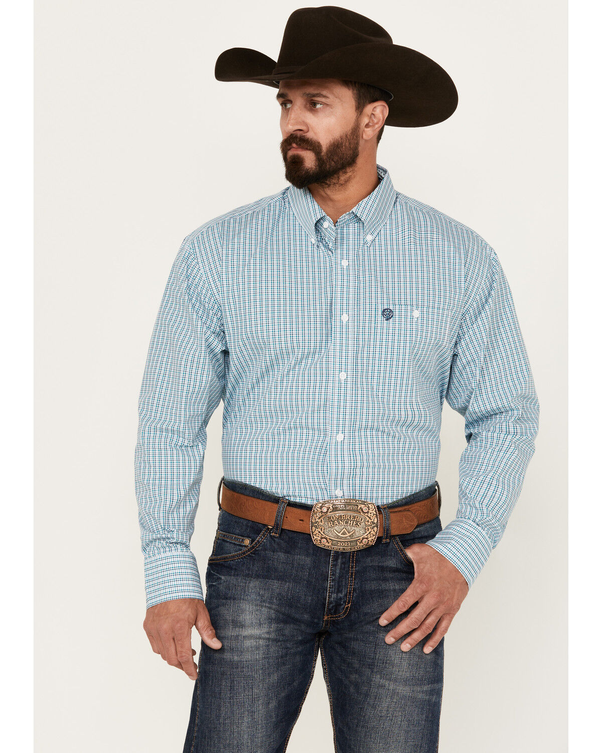 Image #1 - George Strait by Wrangler Men's Plaid Print Long Sleeve Button-Down Western Shirt - Big, Aqua, hi-res