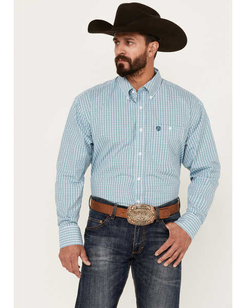  George Strait by Wrangler Men's Plaid Print Long Sleeve Button-Down Western Shirt - Big, Aqua, hi-res
