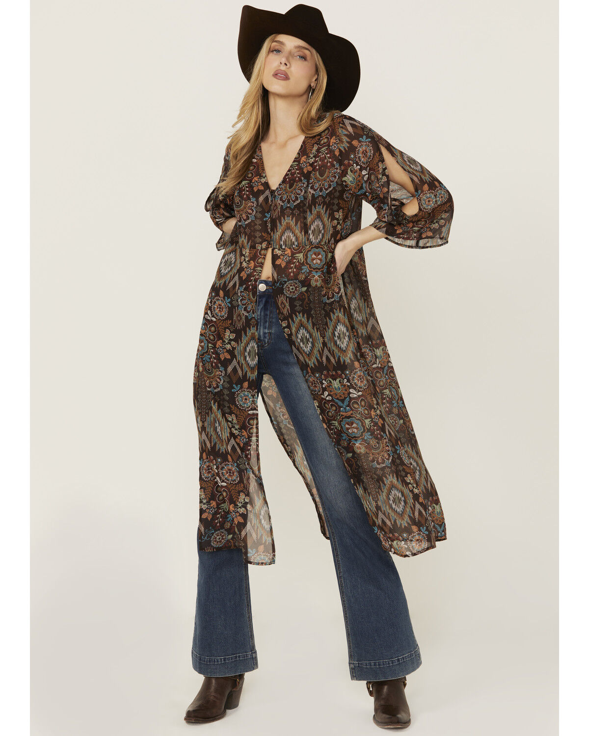 Image #2 - Shyanne Women's Floral Print Chiffon Kimono, Dark Brown, hi-res
