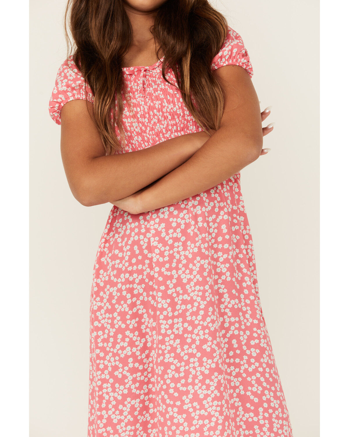 Image #2 - Trixxi Girls' Smocked Puff Sleeve Midi Dress, Pink, hi-res