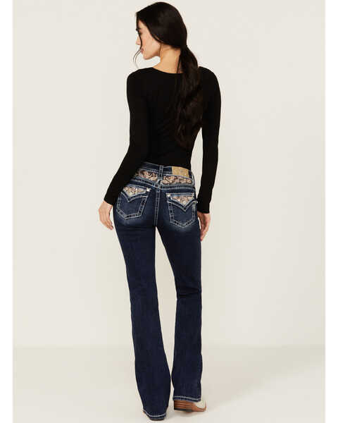 Miss Me Women's Dark Wash Faux Flap Sequin Paisley Pocket Mid Rise Bootcut Stretch Denim Jeans , Dark Wash, hi-res