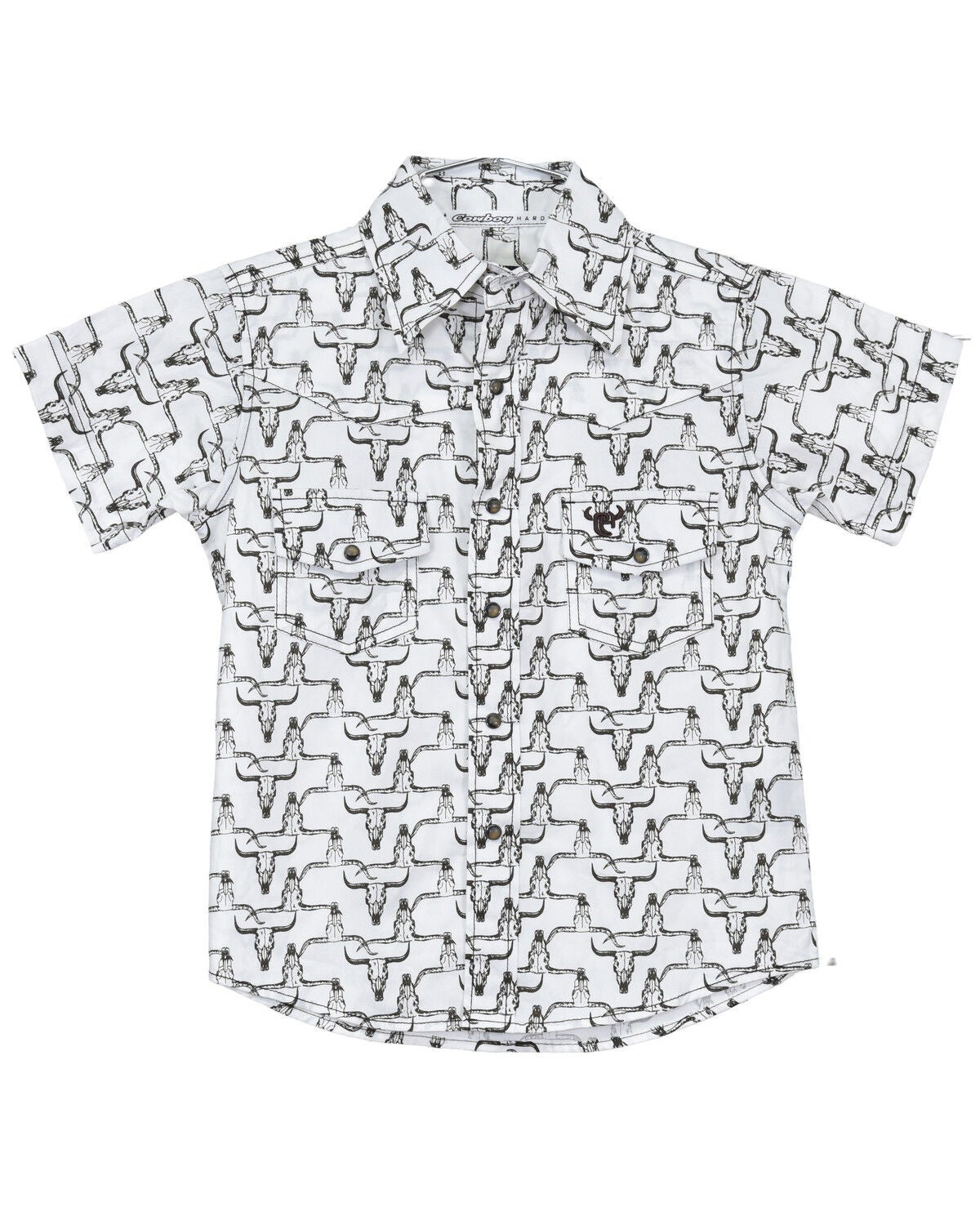 Image #1 - Cowboy Hardware Toddler Boys' Cow Skull Print Short Sleeve Snap Stretch Western Shirt, White, hi-res