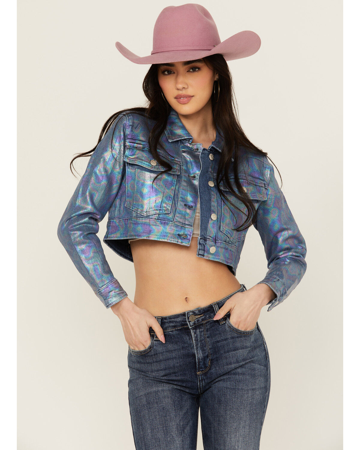 Image #1 - Vibrant Denim Women's Holographic Cropped Denim Jacket, Dark Wash, hi-res