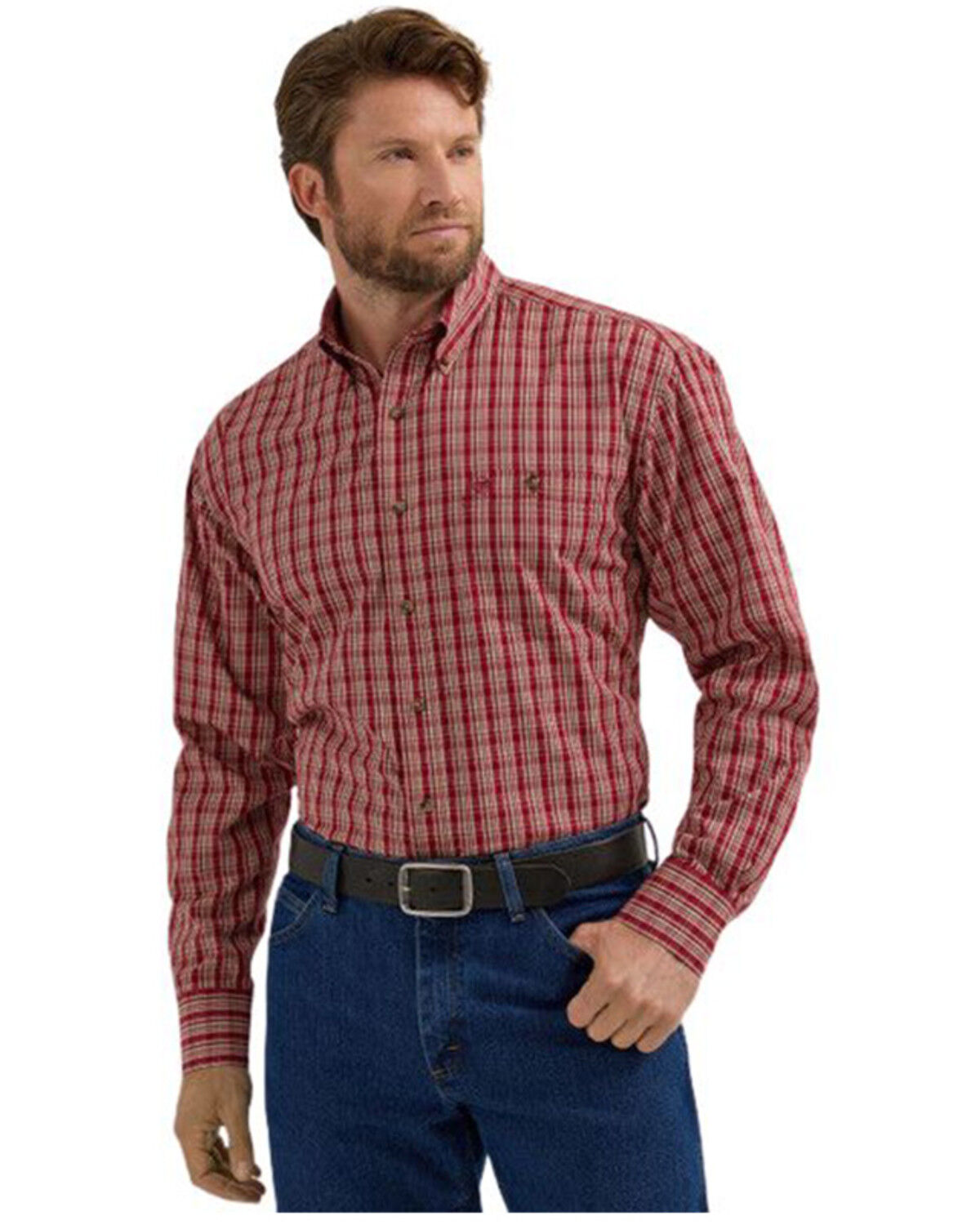 Image #1 - Wrangler Men's Classic Plaid Print Button-Down Western Shirt, Red, hi-res