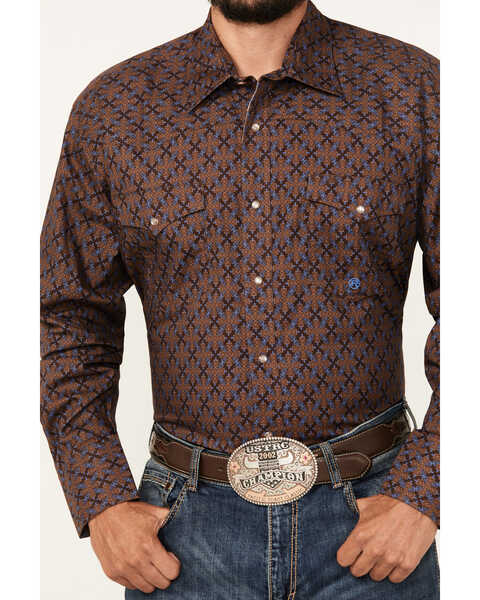 Image #3 - Roper Men's Amarillo Medallion Print Long Sleeve Pearl Snap Western Shirt, Brown, hi-res